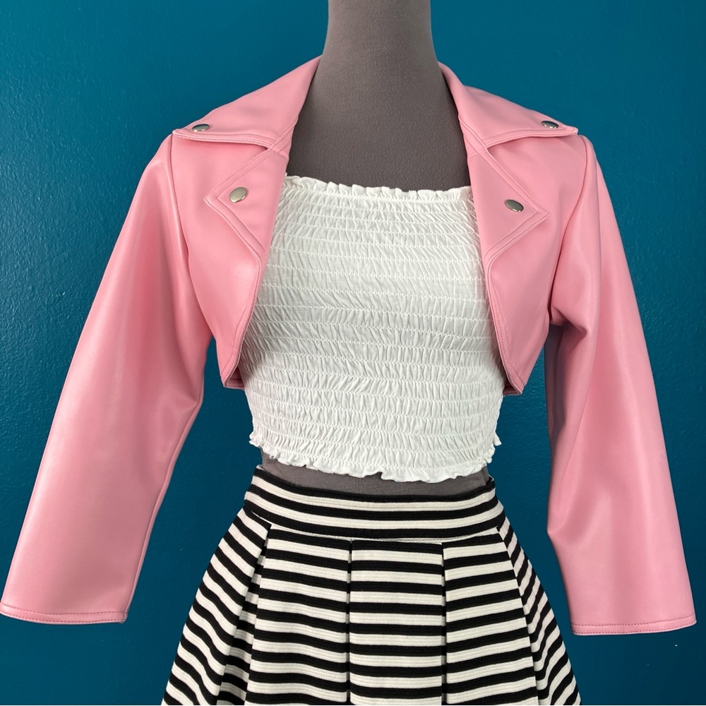 Pinup Couture Pink Vegan Leather Motorcycle Jacket Cropped Bolero Size XS - Picture 3 of 16